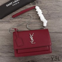 Saint Laurent Medium Sunset Chain Bag In Textured Leather Burgundy/Silver