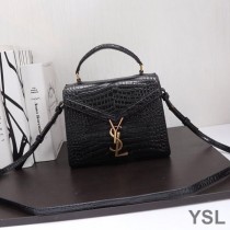 Saint Laurent Mini Cassandra Top Handle Bag In Crocodile Embossed Leather Black/Gold