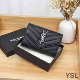 Saint Laurent Small Envelope Flap Wallet In Grained Matelasse Leather Black/Silver