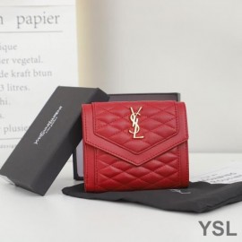 Saint Laurent Small Gaby Trifold Wallet In Quilted Lambskin Red/Gold